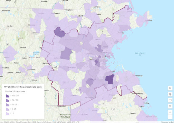 Map depicting the geographic distribution of survey responses (by zip code) for all FFY 2023 surveys. Most responses, including areas with higher concentrations of responses, are within the MPO region, although some survey responses on the map fall outside of the MPO region boundary. The map depicts the highest concentrations of responses (75 to 250) in Braintree, Littleton, Brookline, Sudbury, Norwood, Medford, and Boston, with responses of varied concentrations (up to 75) throughout the region. The map also shows some areas in the region with no responses.